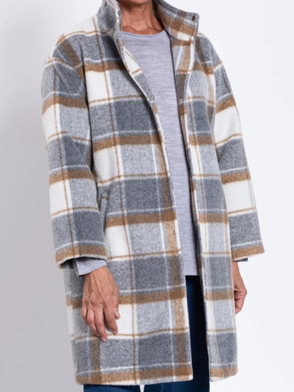 Blue Sky Gray White Brown Plaid Wool-Blend Coat